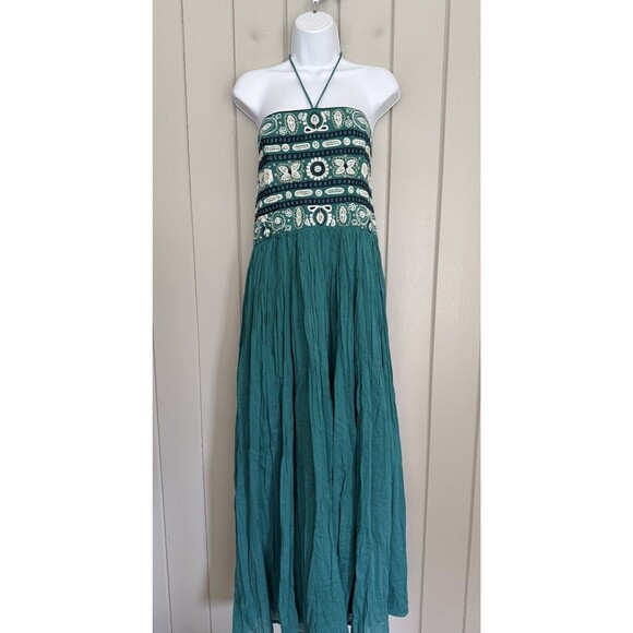 French Connection Maxi Dress 10 Embroidered Azore Turquoise Green Boho Halter - Picture 1 of 4
